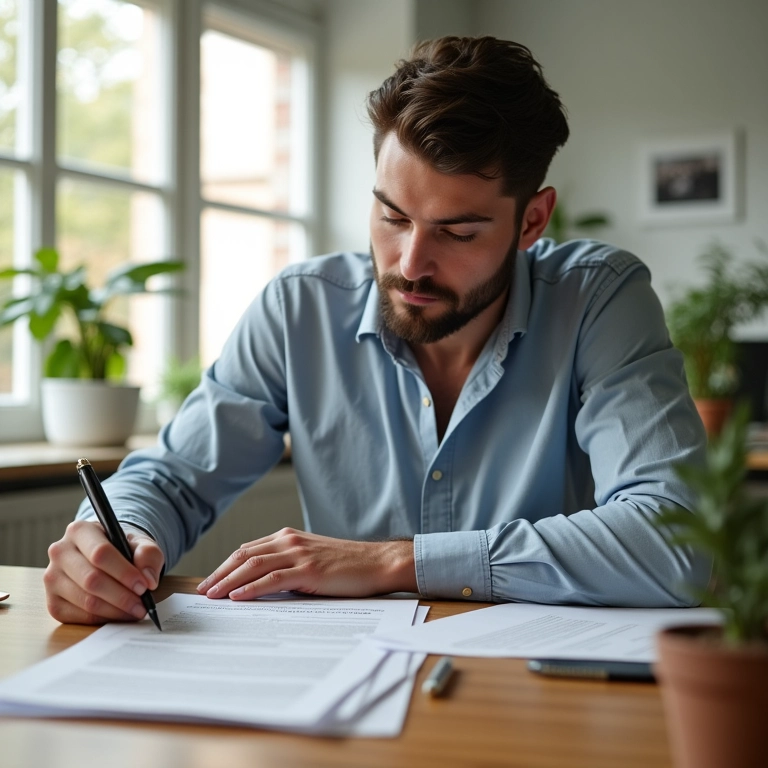 Empresária assinando documentos de formalização em escritório iluminado.