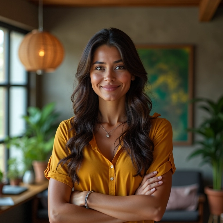 Empresária brasileira autêntica criando conteúdo.