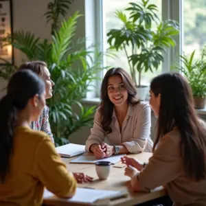 Empresária brasileira e influenciadores colaborando em estratégia de marketing.