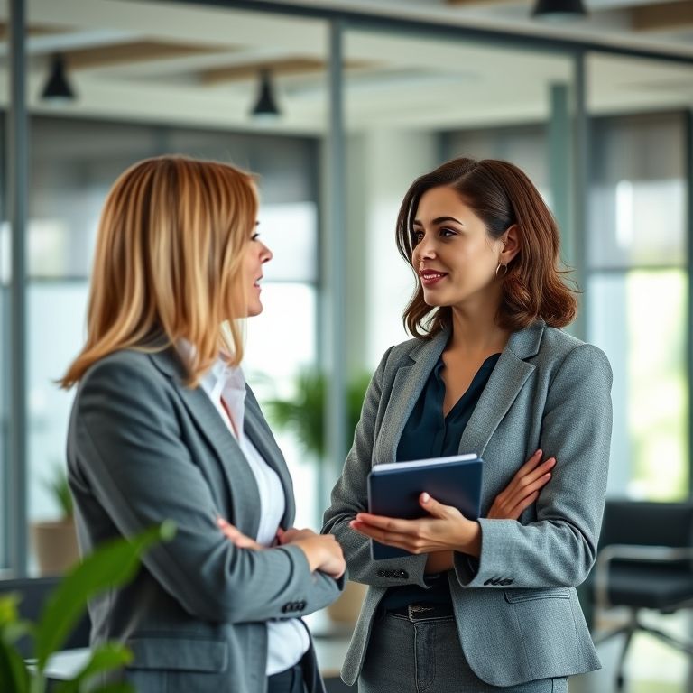 Empresária conversando com especialista em compliance, consultoria.