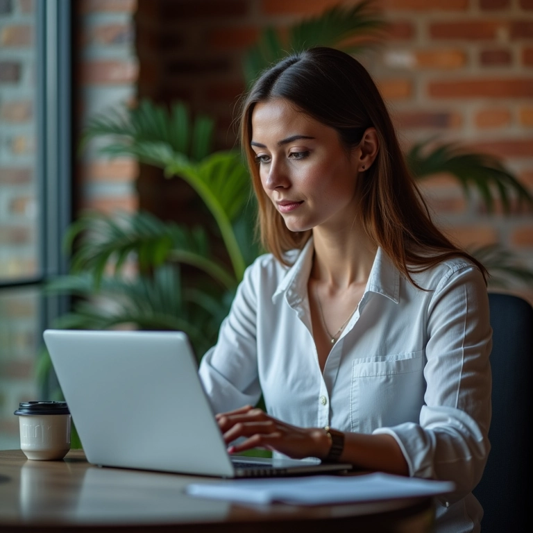 Empresária pesquisando influenciadores relevantes online.