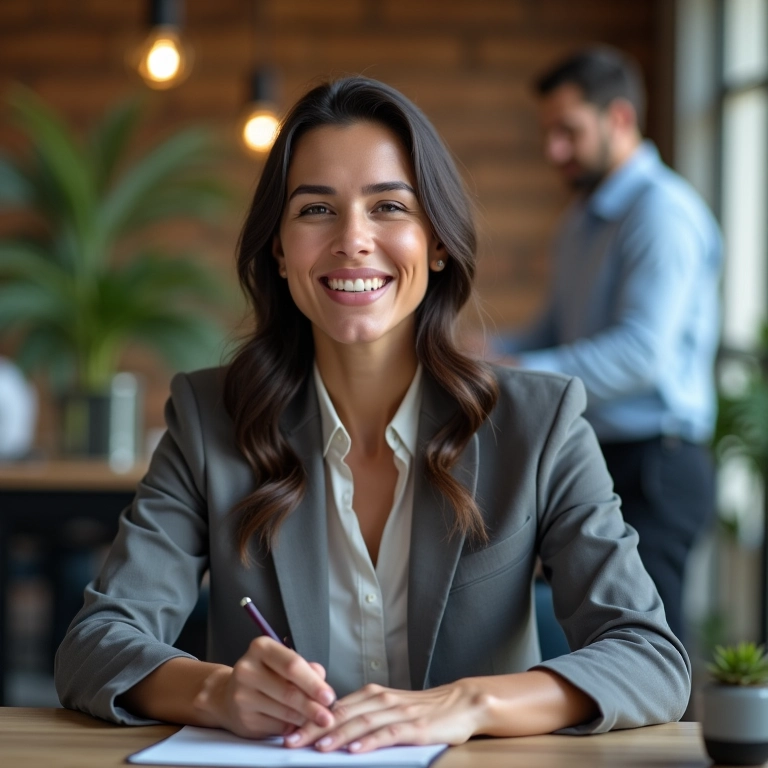 Empresária sorrindo, com contador ao fundo, em escritório decorado com estilo brasileiro.