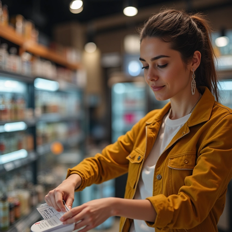 Empresário ajustando preços em exibição de produtos com confiança.