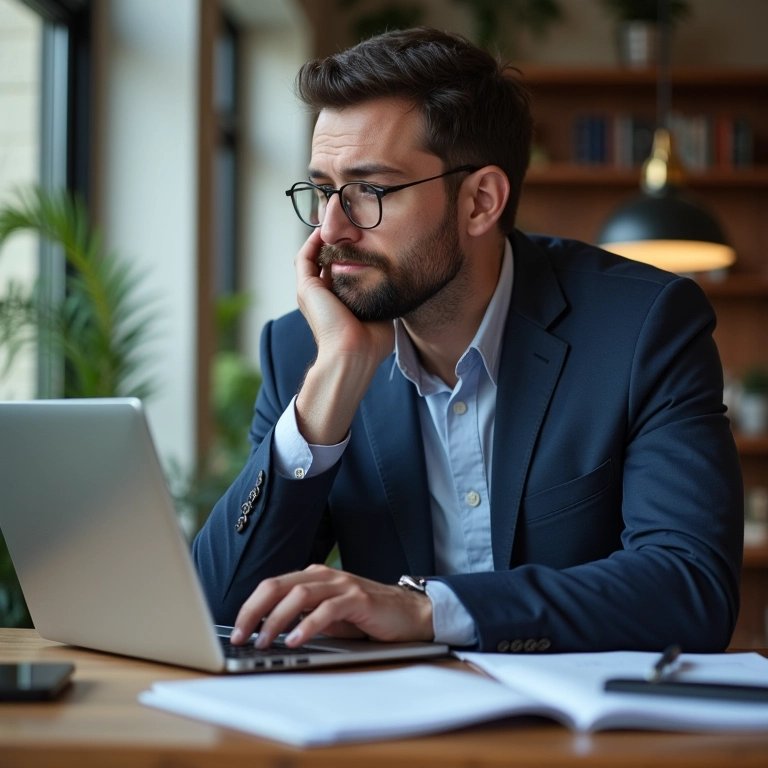 Empresário analisando preços da concorrência em laptop.