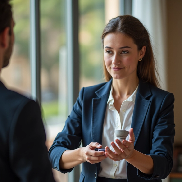 Empresário apresentando produto e seus benefícios para cliente.