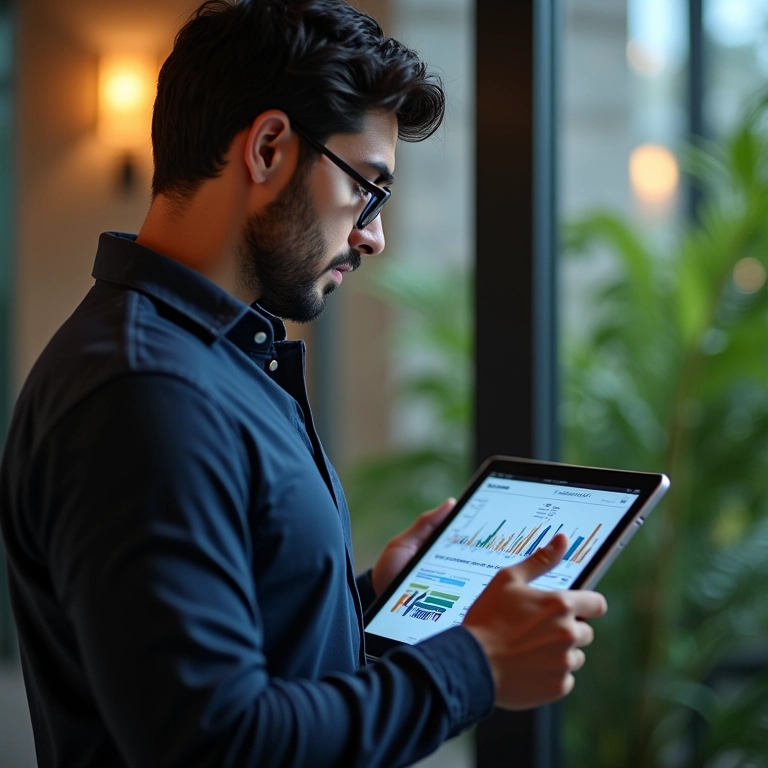 Empresário brasileiro analisando concorrentes em tablet com gráficos.