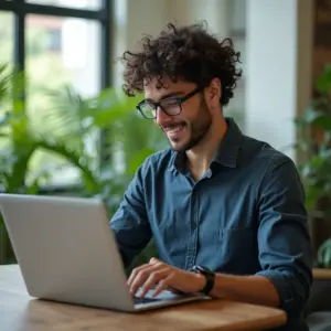Empresário brasileiro analisando dados financeiros em um laptop.