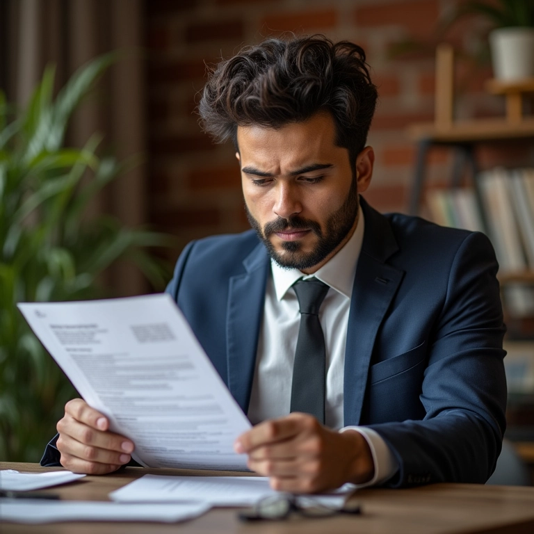 Empresário brasileiro pensativo olhando relatório de crédito negativo.