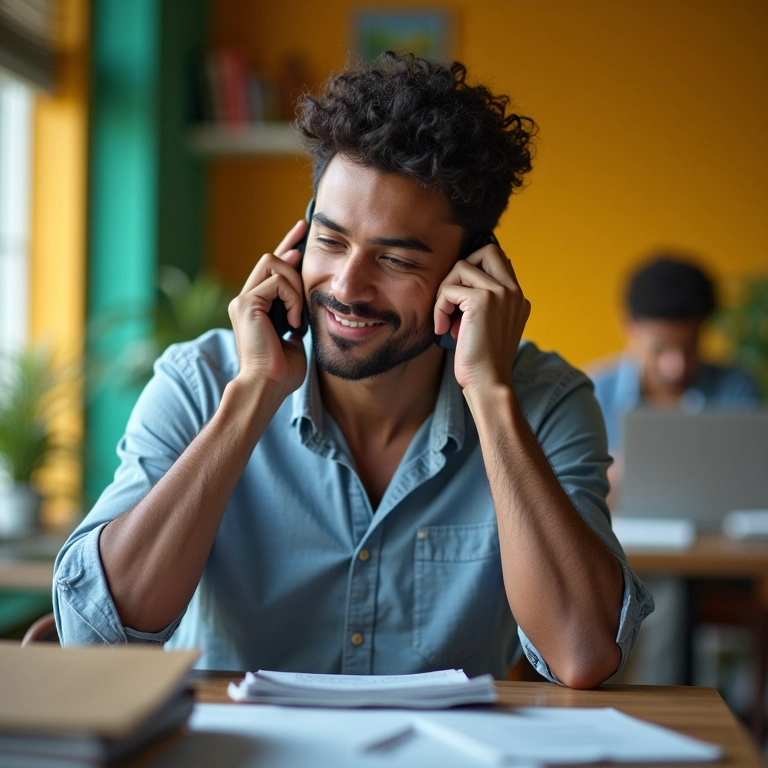 Empresário explica preços ao cliente no telefone com um sorriso.