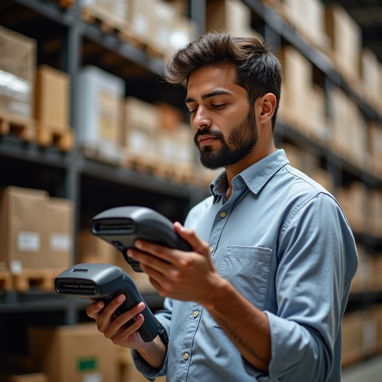 Empresário fazendo inventário regular do estoque com scanner.
