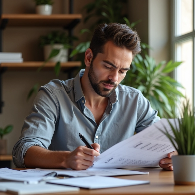 Empresário planejando compras futuras com relatórios de estoque.