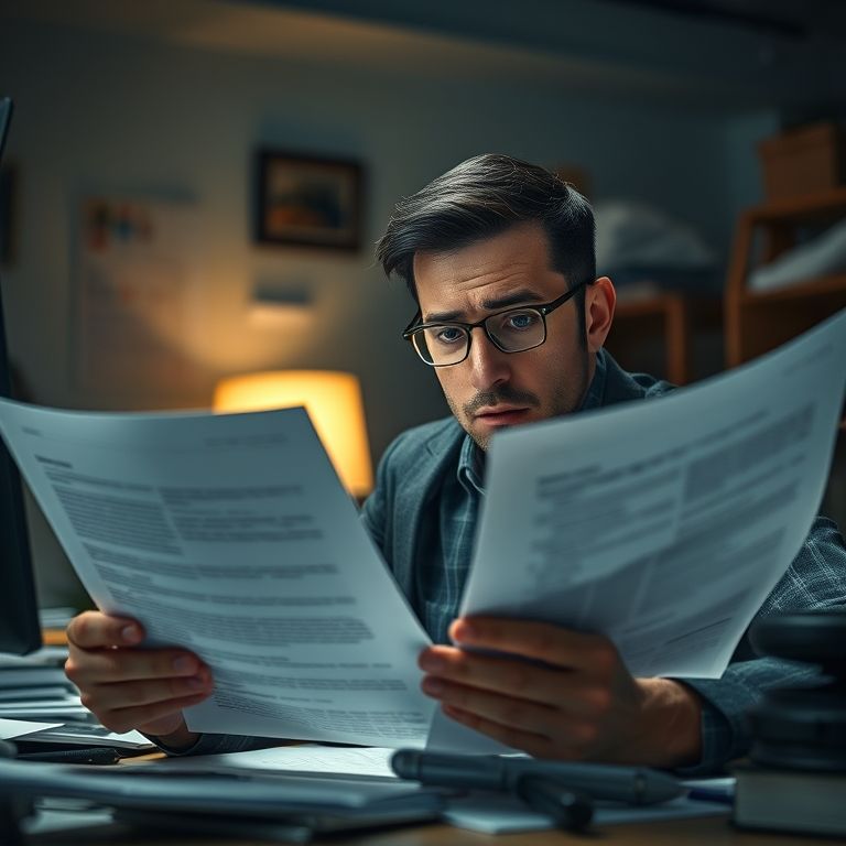 Empresário preocupado olhando documentos legais, consequências da falta de compliance.