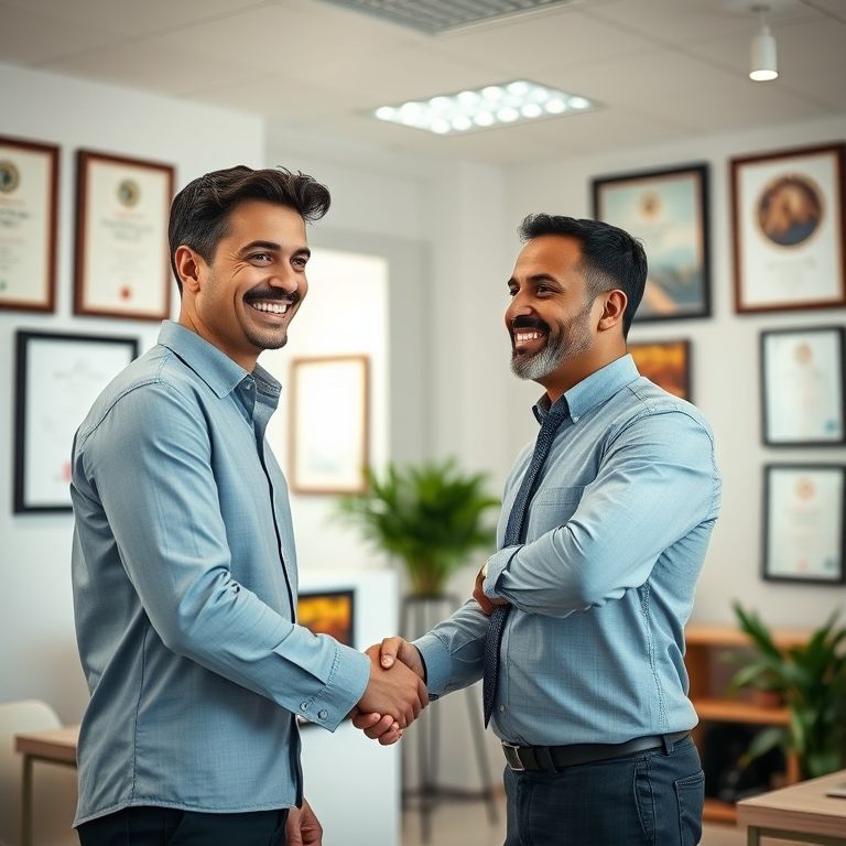 Empresário sorrindo apertando a mão de cliente, melhora da imagem da empresa.