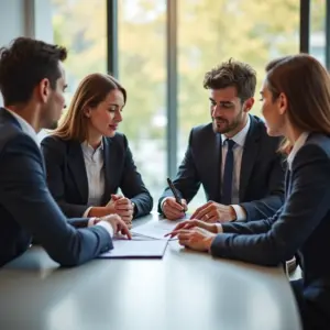 Empresários diversos assinando contrato social em escritório moderno.
