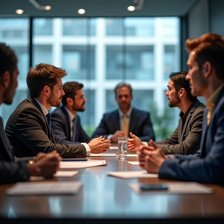 Empresários diversos discutindo a aplicabilidade da LGPD em vários setores de negócios.