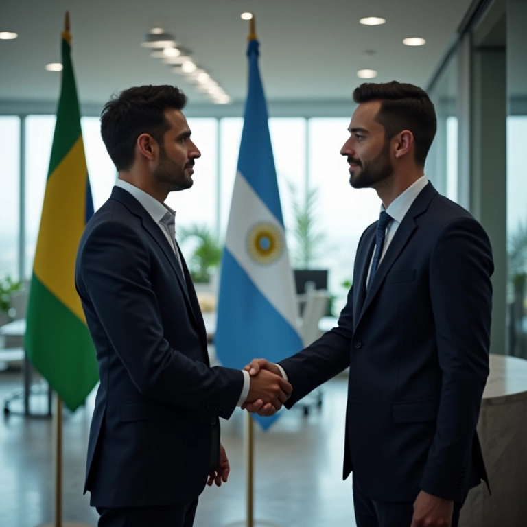 Empresários do Brasil e Argentina firmando acordo comercial no Mercosul.