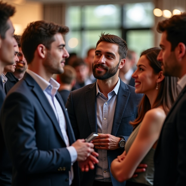 Empresários trocando indicações de contadores em evento de networking.