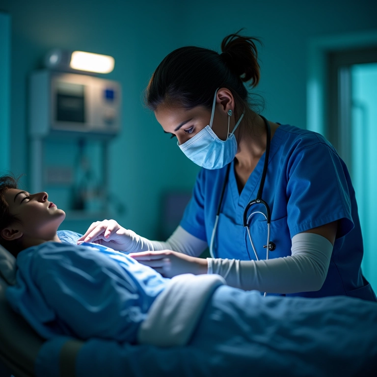 Enfermeira brasileira trabalhando no turno da noite, cuidando de um paciente.