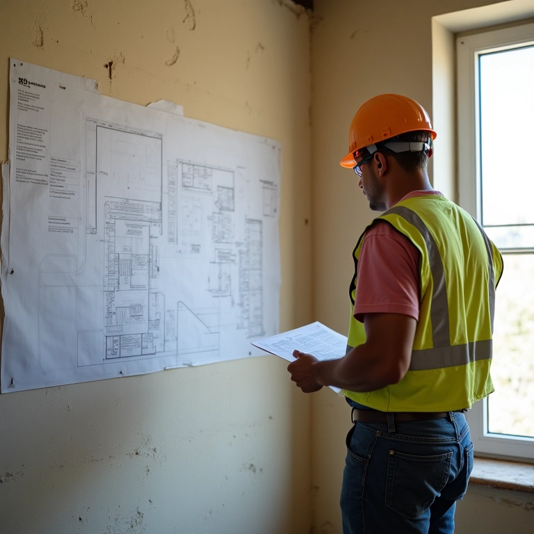 Engenheiro avaliando estrutura de apartamento antigo durante reforma, priorizando a segurança.