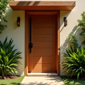 Entrada de casa brasileira com porta de madeira, plantas e luz natural.