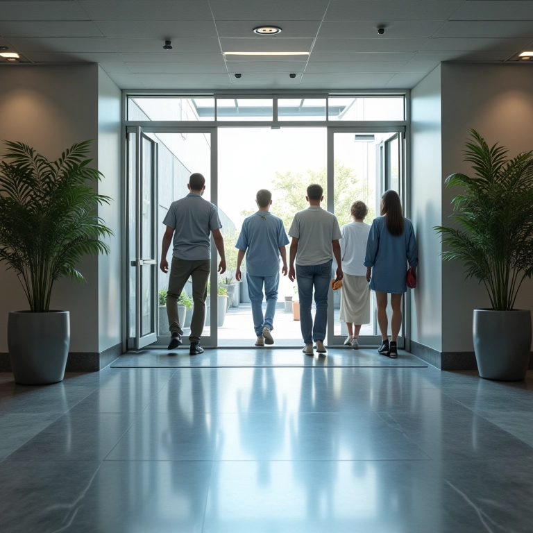 Entrada de hospital acessível com rampas e portas largas.
