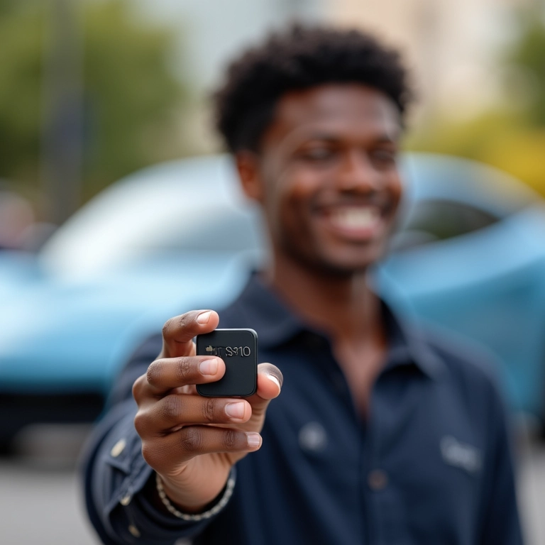 Entusiasta de carros sorrindo, segurando um novo sensor PS10.