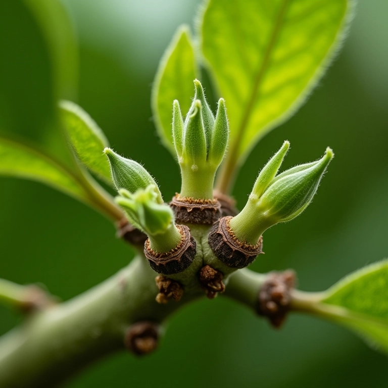 Enxerto de árvore frutífera com novos brotos e crescimento vigoroso.