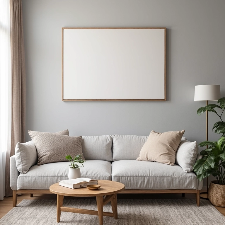 Equilíbrio perfeito: quadro grande centralizado acima do sofá em sala iluminada.