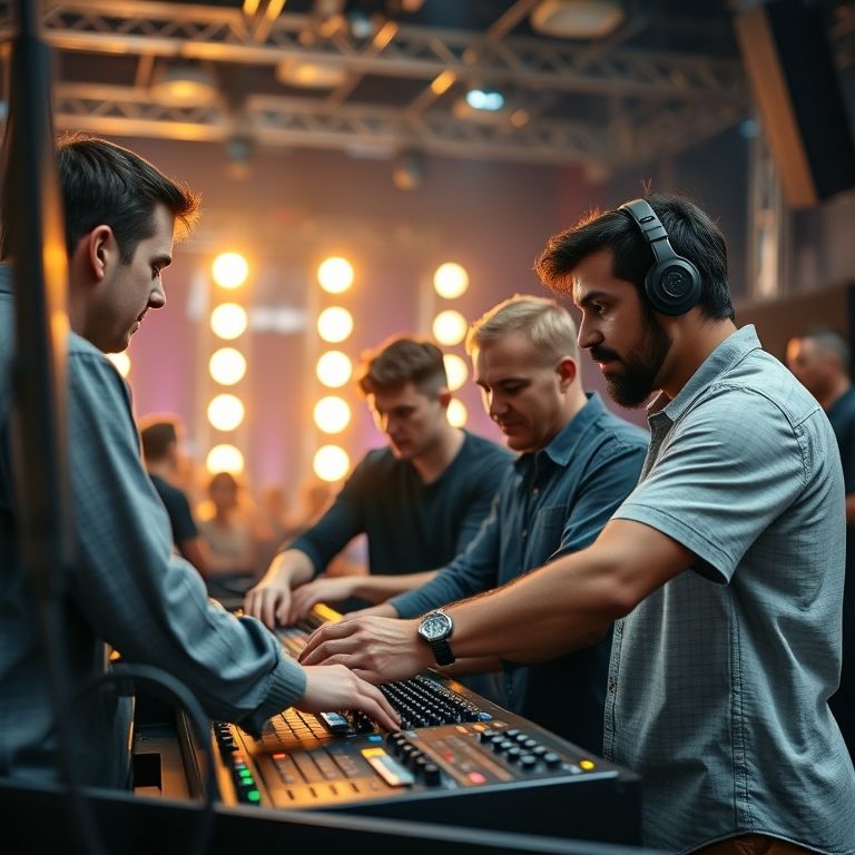 Equipe ajustando equipamentos de som profissional para eventos, com iluminação de show ao fundo.