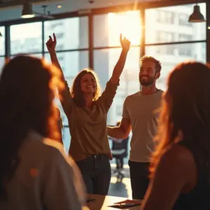 Como Manter a Motivação da Equipe em Pequenos Negócios Equipe comemora sucesso em escritório brasileiro moderno e iluminado.