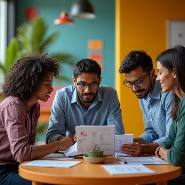 Equipe contábil analisando relatórios financeiros em ambiente de trabalho.
