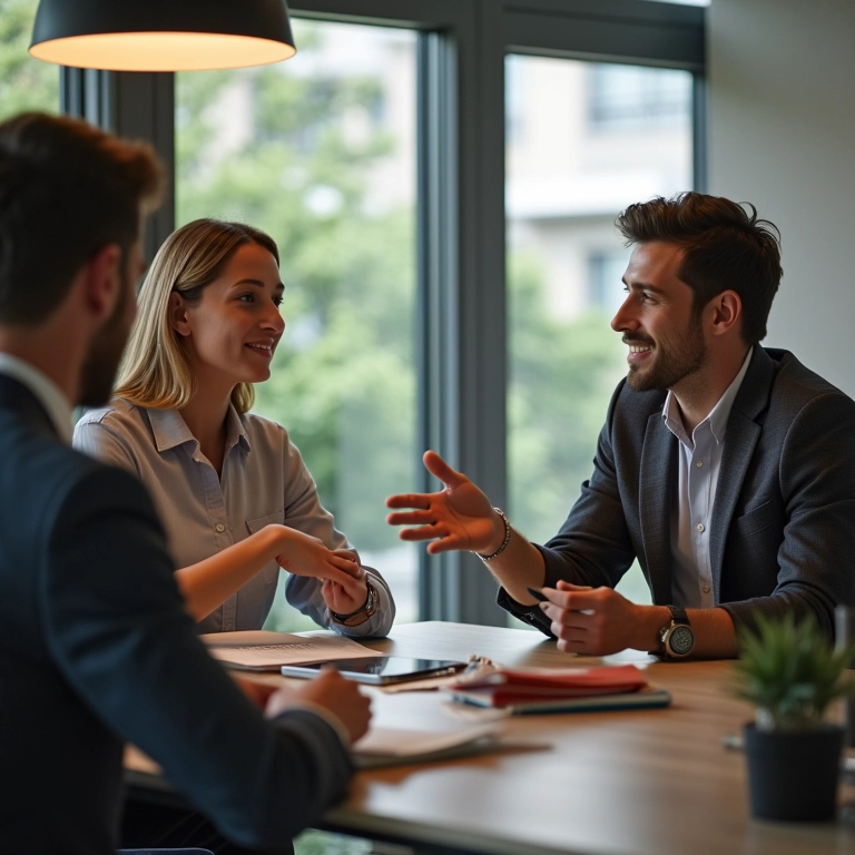 Equipe dando feedback para gerente em escritório relaxado.