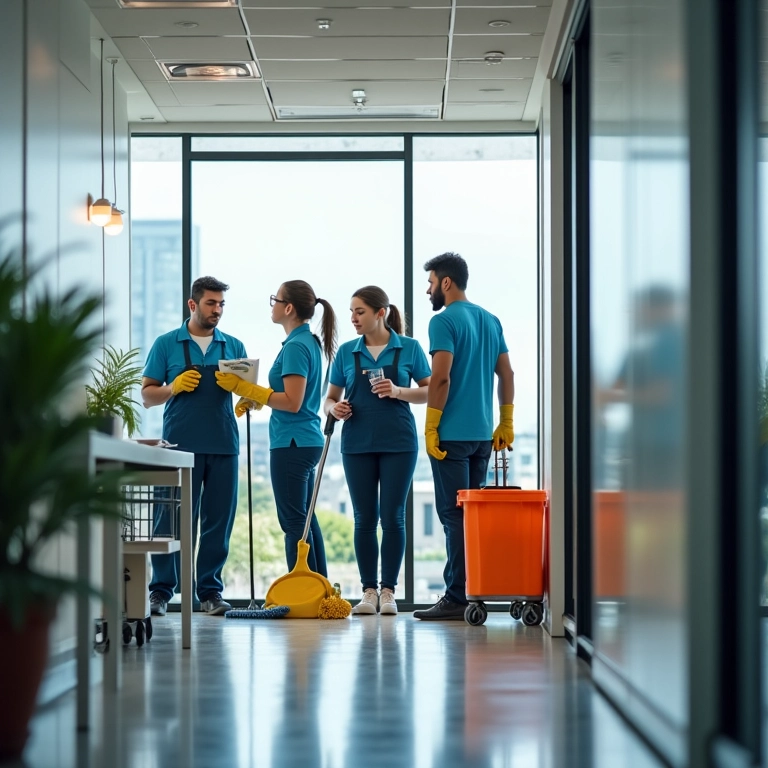 Equipe de limpeza trabalhando em um escritório moderno.