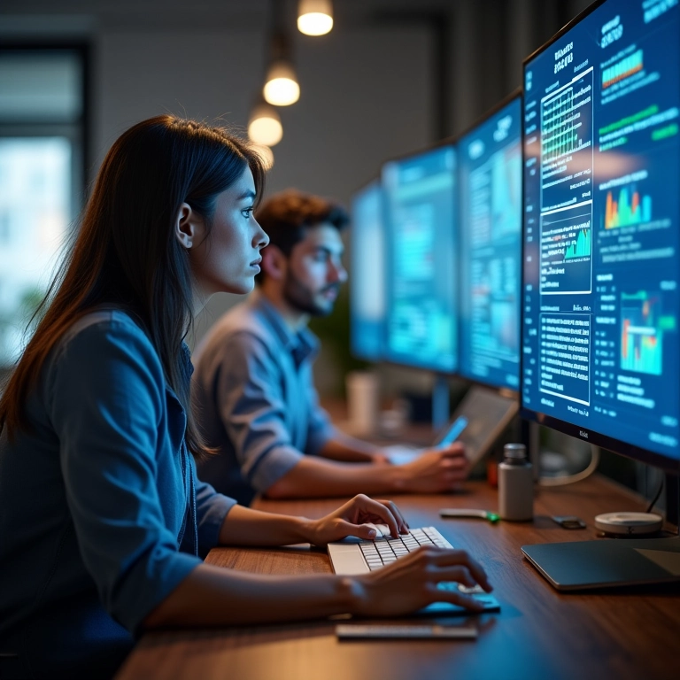 Equipe de marketing brasileira analisando dados de campanha em dashboards.