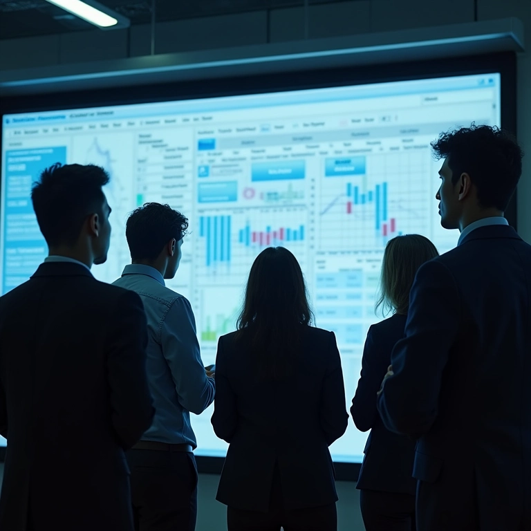 Equipe de pesquisa de mercado analisando dados demográficos.