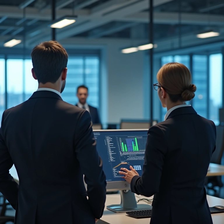 Equipe de resposta a emergências lidando com um incidente de vazamento de dados em um escritório moderno.