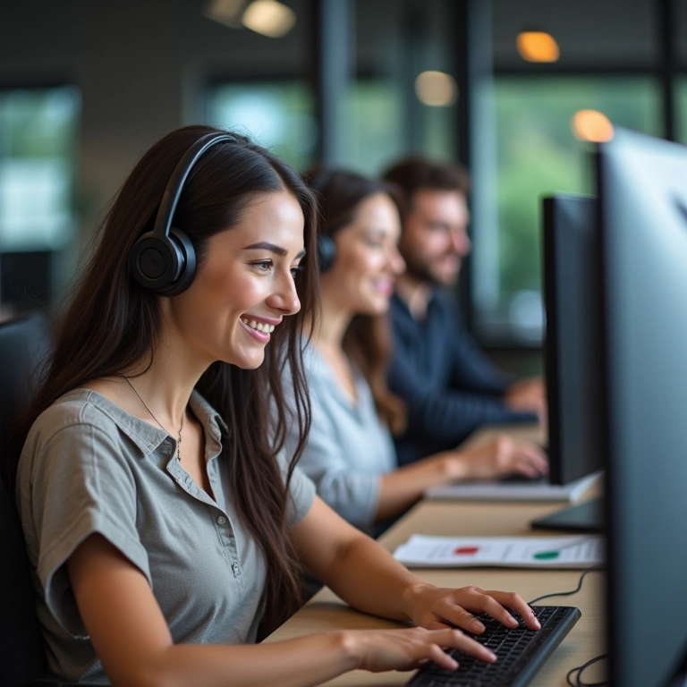 Equipe de suporte ao cliente amigável auxiliando um cliente via chat.