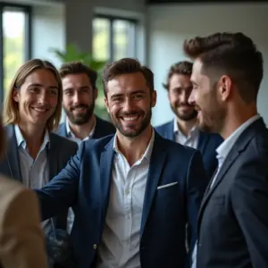 Equipe de vendas diversificada comemorando fechamento de contrato.