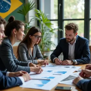 Equipe diversa analisa dados de crescimento em ambiente de trabalho moderno e vibrante.