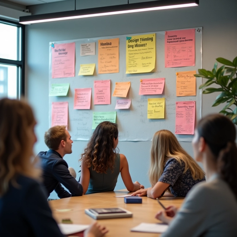 Equipe diversa aplicando Design Thinking em um ambiente de trabalho colaborativo.
