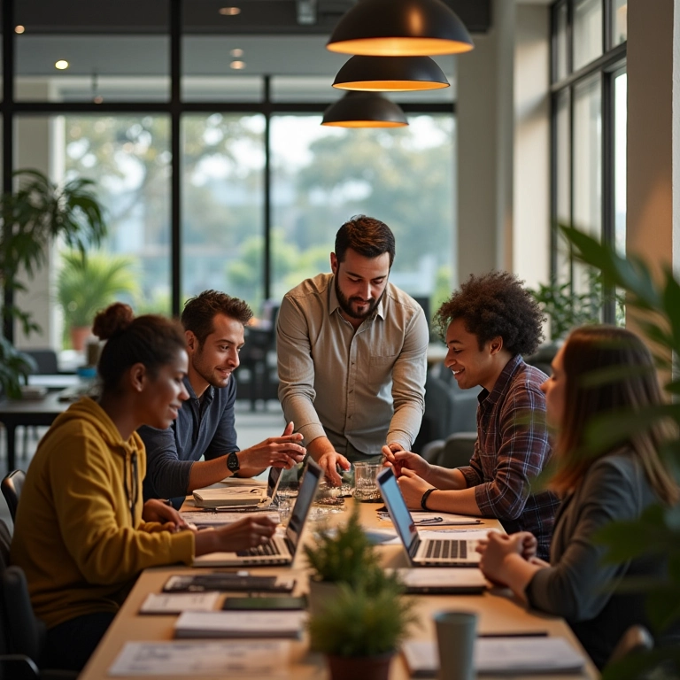 Equipe diversa colaborando de forma justa no trabalho, escritório moderno.