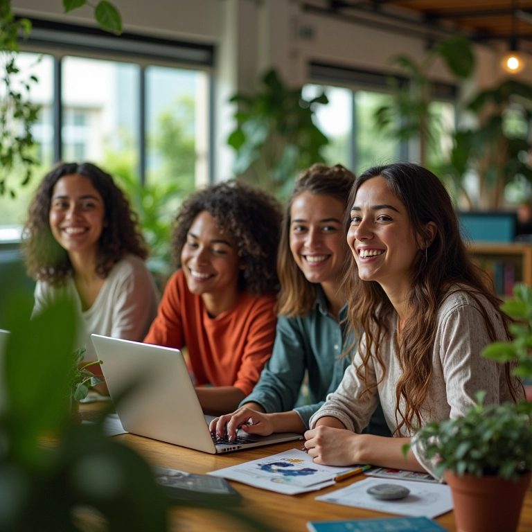 Equipe diversa colaborando em ambiente de trabalho positivo.