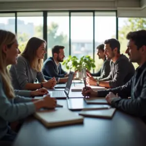 Software de Gestão de Projetos Para Pequenas Empresas Qual Usar Equipe diversa colaborando em software de gestão de projetos.