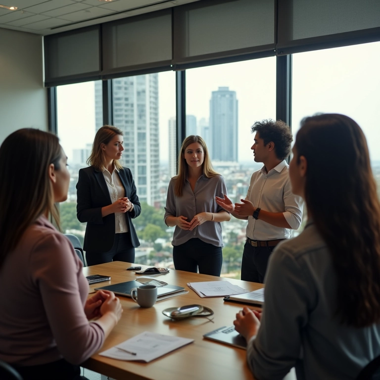 Equipe diversa discutindo a estrutura organizacional em um escritório brasileiro.