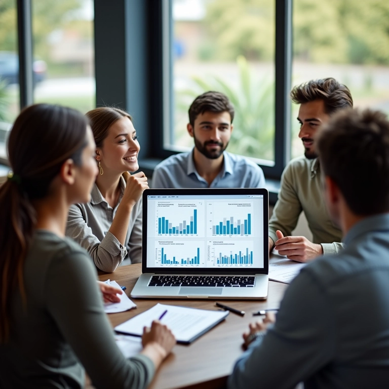 Equipe diversa discutindo objetivos de negócios com KPIs em tela.