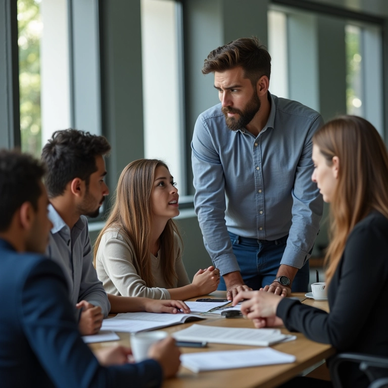 Equipe diversa discutindo progressão na carreira, representando a meritocracia no ambiente de trabalho.
