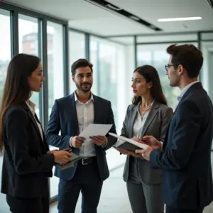 Equipe diversa em escritório moderno discutindo a importância de um canal de denúncias interno.