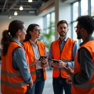 Equipe diversa em pequena empresa brasileira discute segurança.
