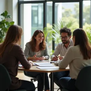 Equipe diversa reunida em escritório moderno para feedback construtivo.