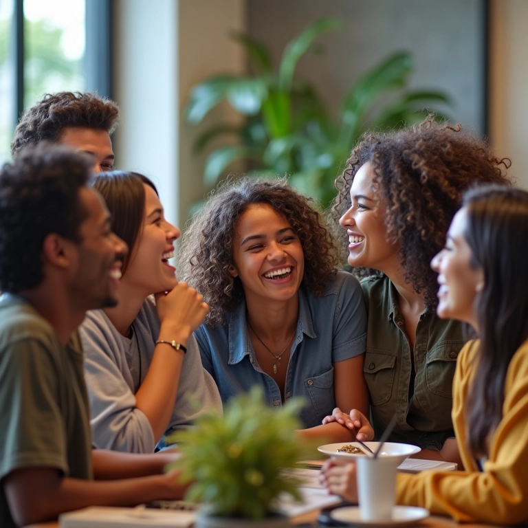 Equipe diversa rindo junta durante pausa em escritório.